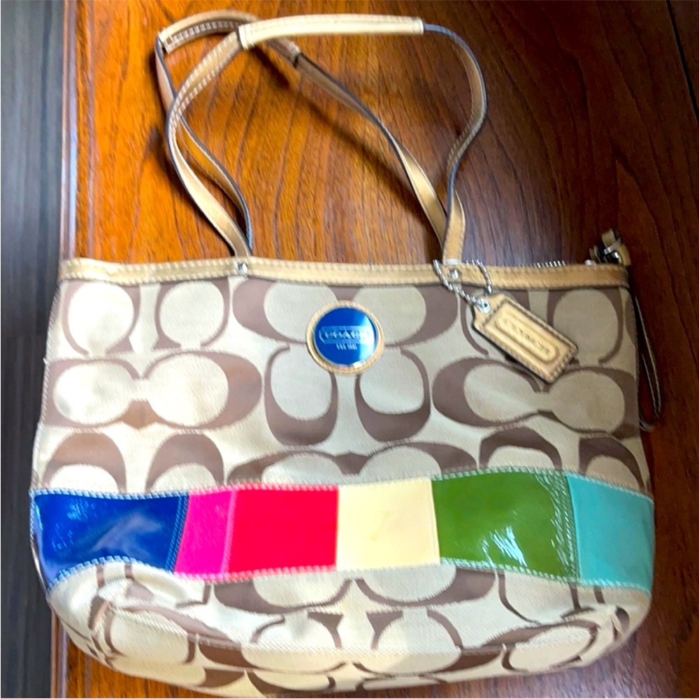 Coach Brown and Blue Shoulder Bag with Signature Design